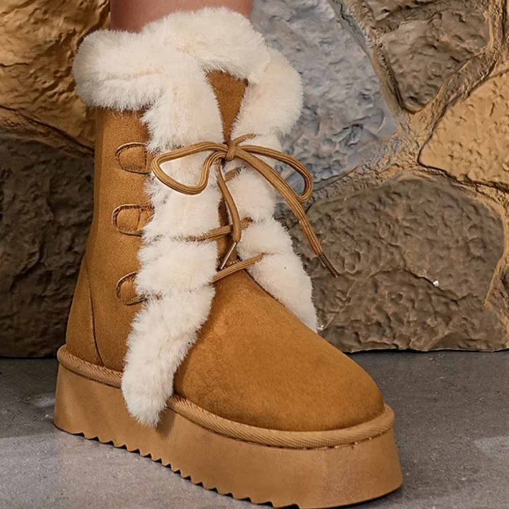 Faux Fur Platform Lace-up Winter Boots Plush Chunky Lug Vegan Suede Shoes